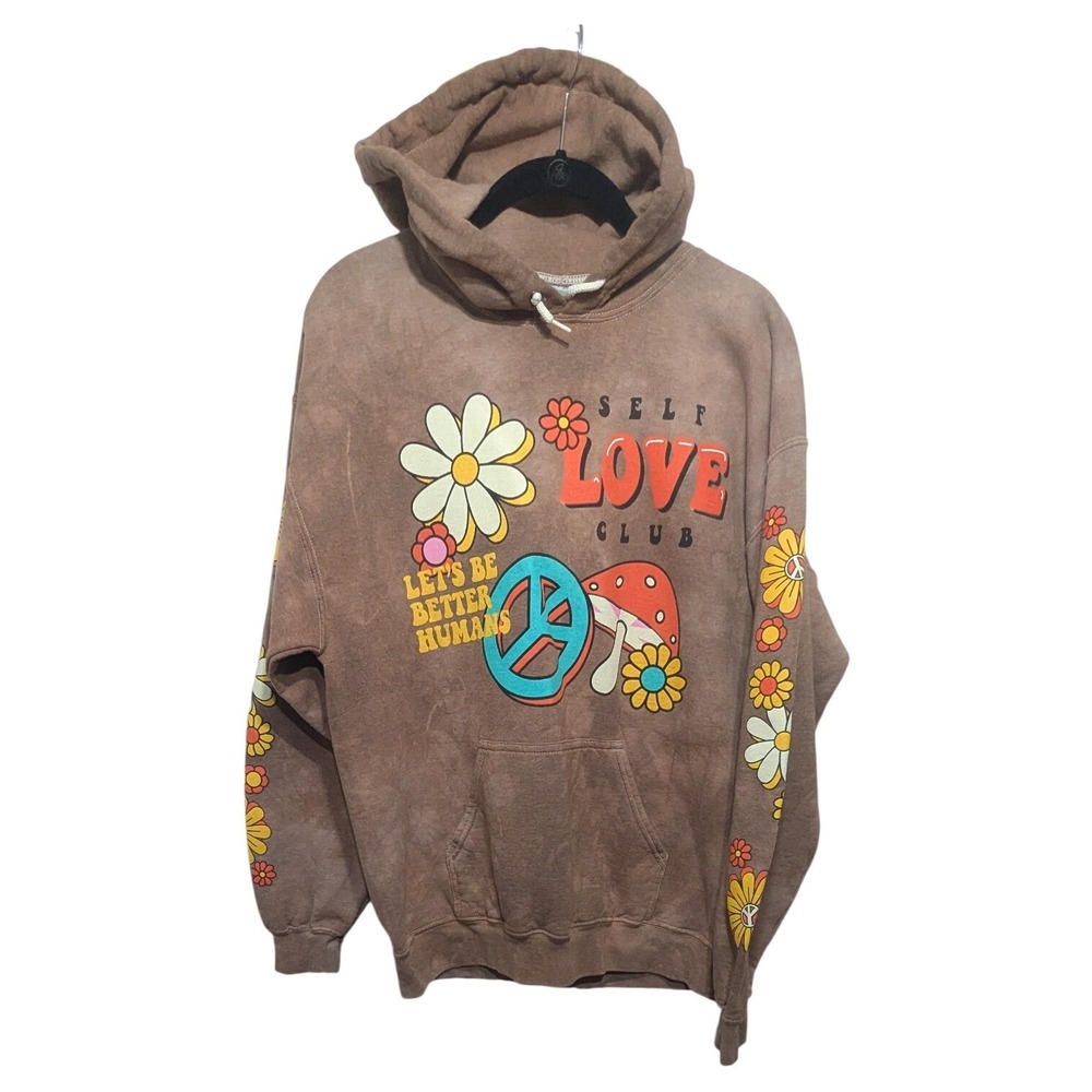 Gildan Self Love Club Hoodie Women Large Brown Mineral Wash Retro Graphic